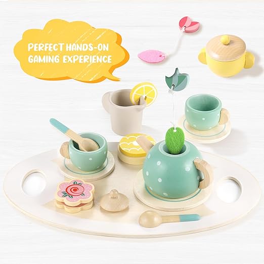 Wooden Tea Set for Kids – 15-Piece Pretend Play Kitchen Accessories