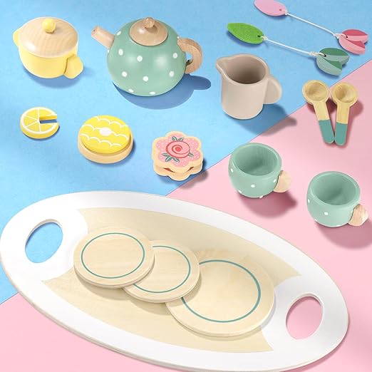 Wooden Tea Set for Kids – 15-Piece Pretend Play Kitchen Accessories
