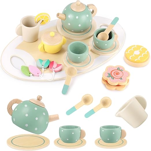 Wooden Tea Set for Kids – 15-Piece Pretend Play Kitchen Accessories