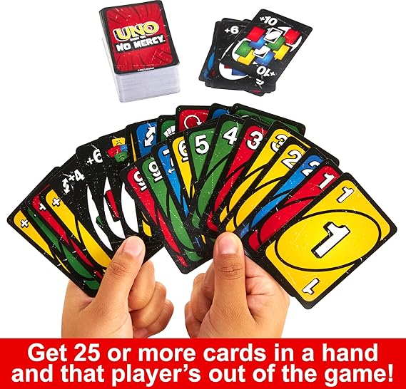 Card game 'Uno No Mercy' with cards held in hands and text about game rules.